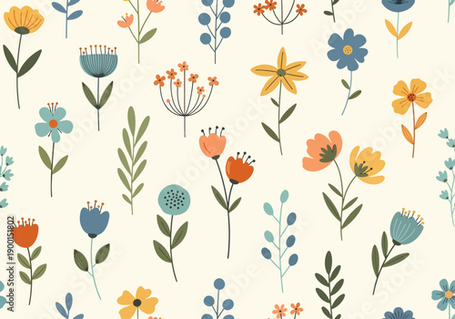 Minimal folk floral seamless background with soft hues