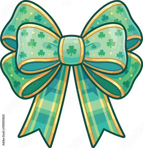Green Shamrock Ribbon Bow with Clover Pattern – Cute St. Patrick’s Day Decorative Cartoon Vector Illustration Isolated on White