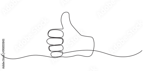 Continuous one line drawing of like hand showing thumb up. Vector illustration, One line drawing of hand showing great sign. Continuous line finger up. Hand-drawn vector illustration of linear like