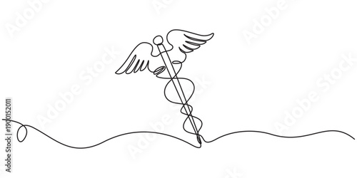 Caduceus one line art drawing minimalist health care symbol continuous outline vector illustration, Medical symbol caduceus. Continuous One line drawing, One Continuous line drawing of Caduceus