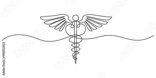Caduceus one line art drawing minimalist health care symbol continuous outline vector illustration, Medical symbol caduceus. Continuous One line drawing, One Continuous line drawing of Caduceus