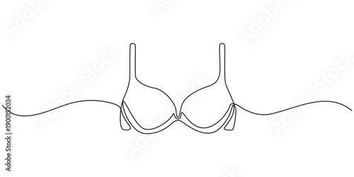 Continuous line art of bra, Continuous one simple single line drawing of push up bra icon in silhouette on a white background. Linear stylized,  Bathing Suit Bikini Single Line Drawing with Editable.