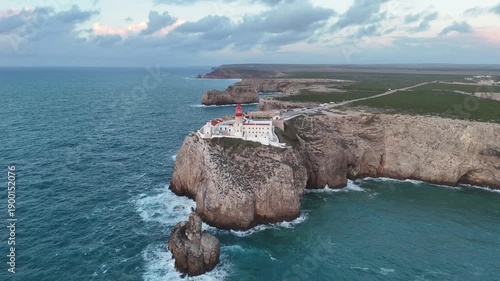 Drone Orbit Around Cape St. Vincent Lighthouse at Sunset