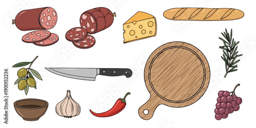Assorted charcuterie wooden cutting board, kitchen tools, and foods ingredients elements set illustration