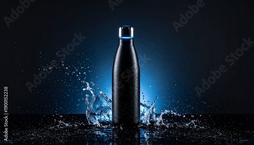 Sleek Black Water Bottle with Dramatic Splash of Water in Studio Setting for Health and Wellness Concept.