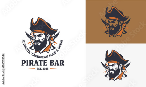 Pirate-themed bar logo design showcasing a bearded pirate captain with a tricorn hat and bandana, surrounded by Caribbean food and drink elements.