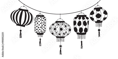 Hanging Chinese lanterns arranged on curved string, Hand drawn Chinese New Year element illustration