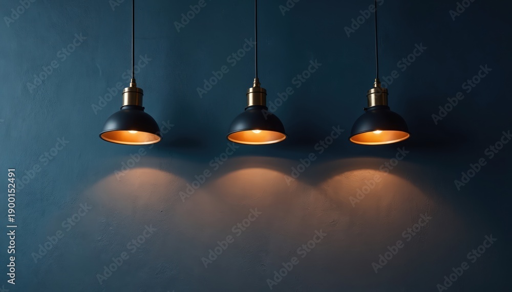 Obraz premium Three dark pendant lamps with gold interiors hang against a textured dark blue wall. Warm light spills downwards creating soft illuminated circles on the rough surface.