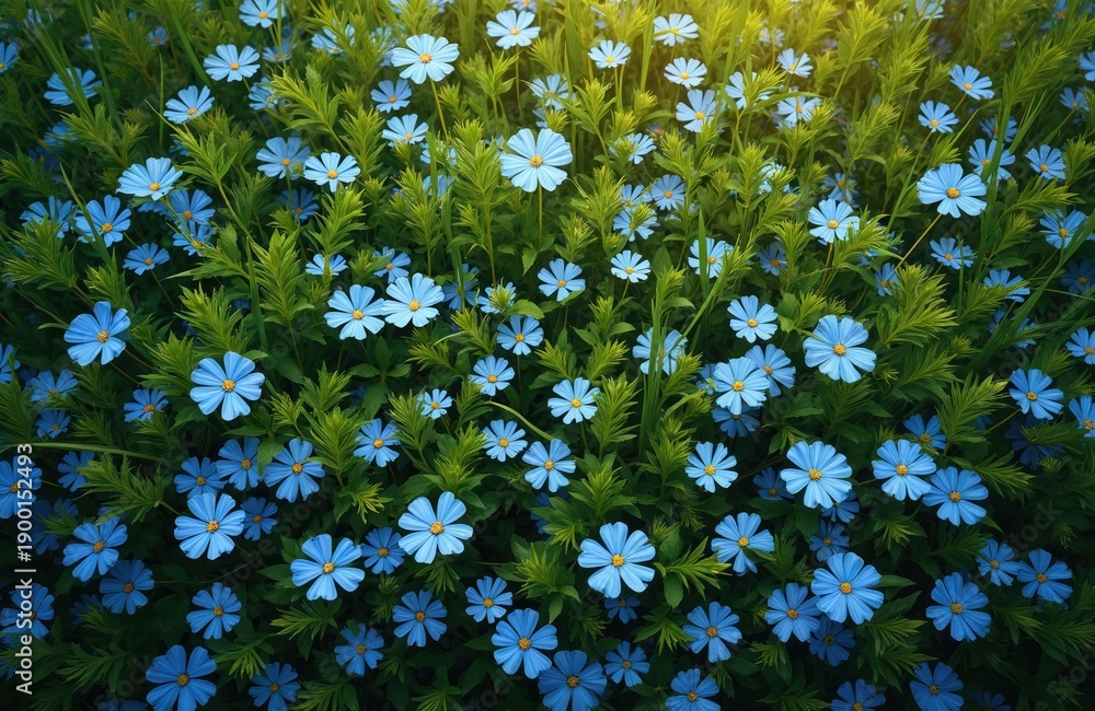 Fototapeta premium Many delicate blue flowers bloom abundantly in green fields. Delicate petals and yellow centers create a vibrant natural pattern. Rich foliage grows densely around blossoms.