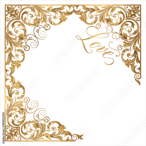 Elegant Gold Ornate Border with Floral Scroll Design and Cursive Love Text on White Background.  Romantic Frame Perfect for Invitations, Greeting Cards, and Wedding Announcements