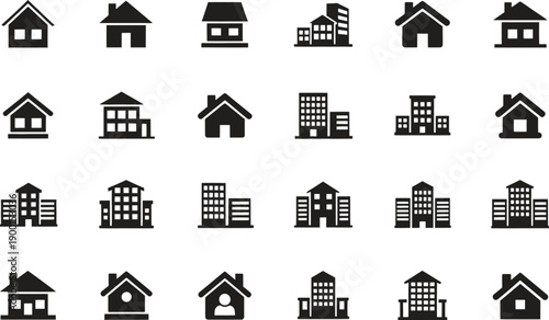 black and white house and building icons on white background