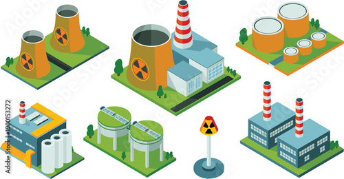 Isometric industrial energy facilities illustration set showing nuclear power plants, factories, storage tanks, radiation symbols, modern infrastructure vector design