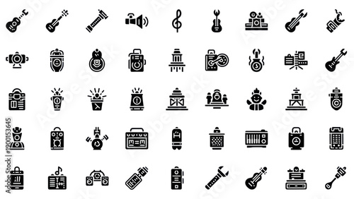 Abstract Music Icons Set: Guitars, Speakers, Notes, and More