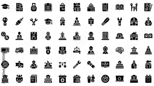 Building Construction and Education Icons Set: Architecture, Tools, Graduation Caps, Business