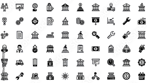 Business and Finance Icons Set: Growth, Investment, Banking, Tools, and Strategy