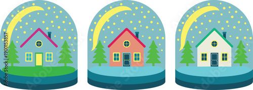 Minimal winter snow globe house illustration set with snowy trees cozy homes festive holiday season flat vector design collection