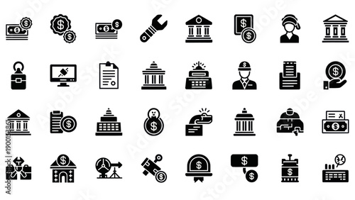 Business and Finance Icons Set: Money, Banking, and Industry Symbols