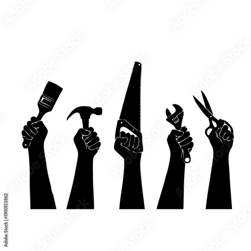 Silhouettes of people with raised hands and tools in a creative setting
