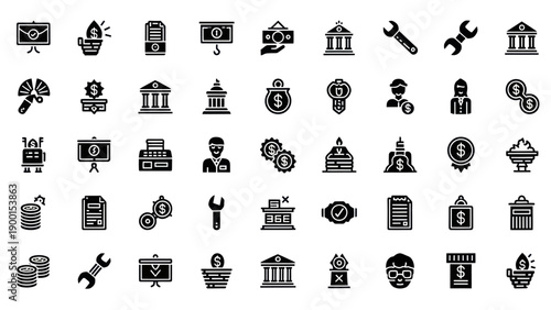 Business and Finance Icons Set: Money, Banking, Tools, Presentation, Analytics