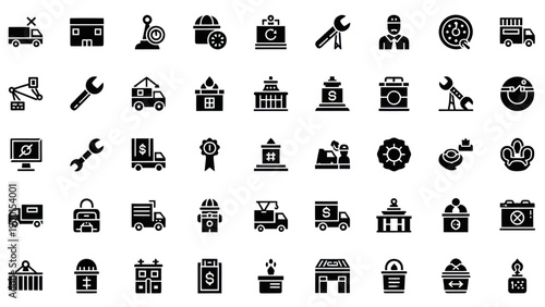 Business and Logistics Icons: Delivery, Building, Tools, Finance, and Industry