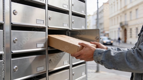 Person placing a cardboard package into a secure mailbox on a city street
