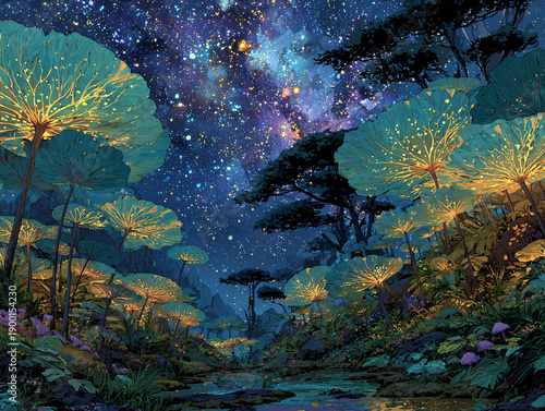 A fantastical forest scene is depicted under a starry night sky, where bioluminescent mushrooms glow among the dense foliage, with a serene river flowing through the heart of the lush woodland.