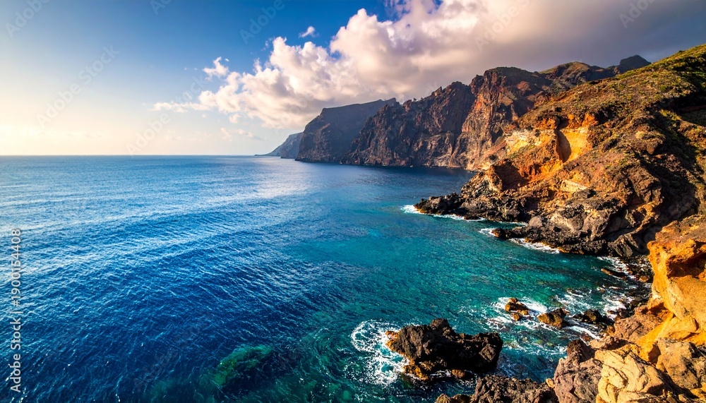 Fototapeta premium Rocky Coastline with Azure Water and Dramatic Cliffs Under a Sunny Sky Perfect for a Travel Advertisement or Nature Article.