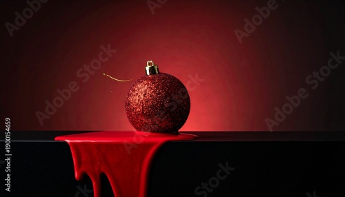 Red Christmas Bauble on Black Surface with Red Fluid Drip Evoking Festive Holiday Season.
