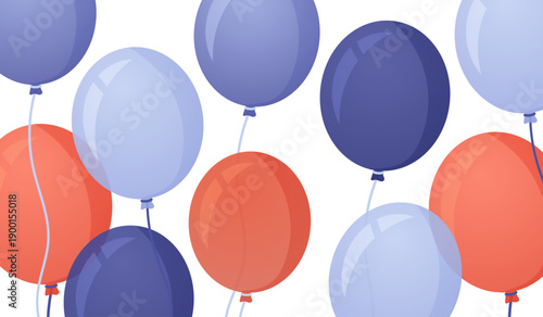 Minimal vector illustration showing a repeating arrangement of balloons in soft blue and coral colors. Clean shapes, subtle gradients and balanced composition, suitable for celebration, childhood or d