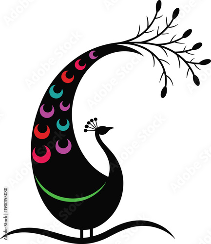 Minimalist black and white peacock illustration, abstract decorative bird art, elegant silhouette design, modern vector graphic, isolated on white background