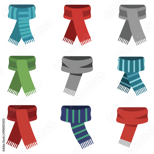 A collection of colorful scarves arranged in rows on a white background