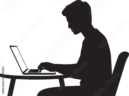 black silhouette of man sitting at desk working on laptop, vector illustration, for website or presentation, isolated on transparent background, png