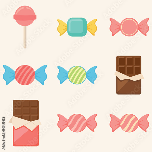 A colorful assortment of candies and chocolates on a plain background
