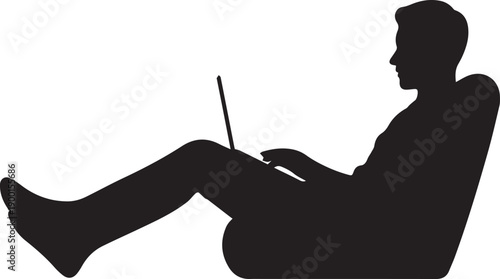 Silhouette of man sitting in chair with laptop, vector icon for website or presentation, isolated on transparent background, png