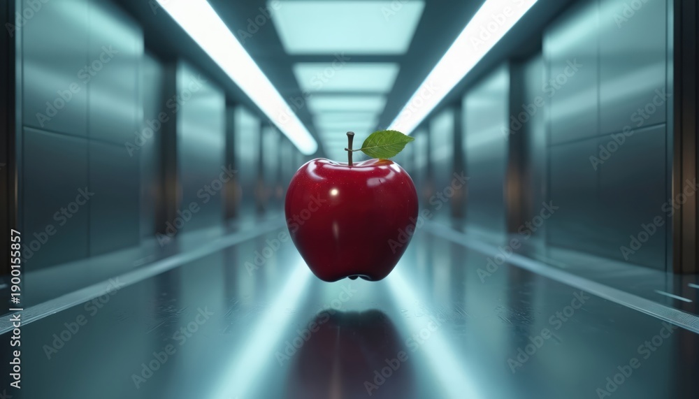 Fototapeta premium Red apple floats in sci-fi tunnel. Shiny fruit with leaf in futuristic corridor. Glowing lights line modern walkway. Digital space with reflective floor.