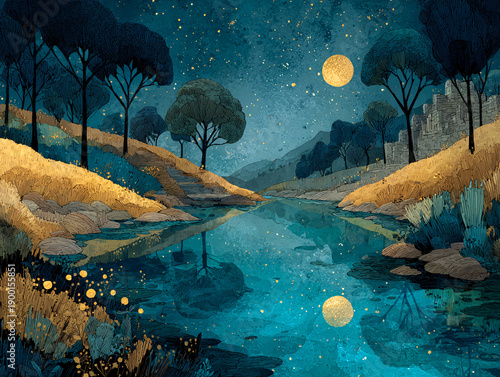 A tranquil night scene with a serene river reflecting a glowing moon, surrounded by autumnal trees under a starlit sky filled with twinkling stars.