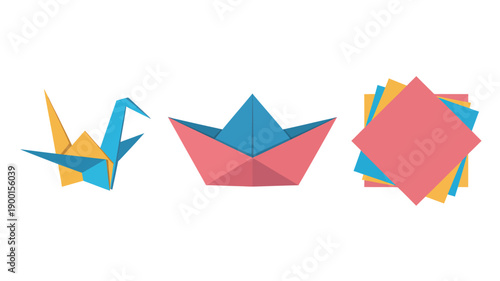 Colorful Origami Crane, Boat, and Diamond on White Background