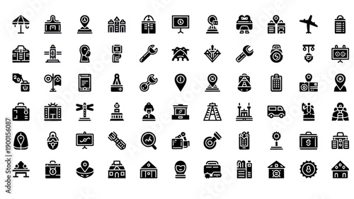 Business Icons Set: Travel, Finance, Technology, Buildings, Tools, and More