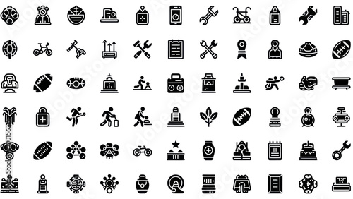 Collection of Black and White Icons - Technology, Sports, Business, and Tools