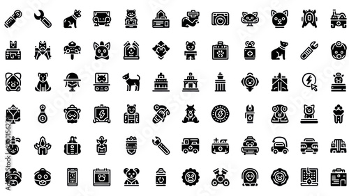 Collection of Black and White Icons: Pets, Robots, Tools, and Technology