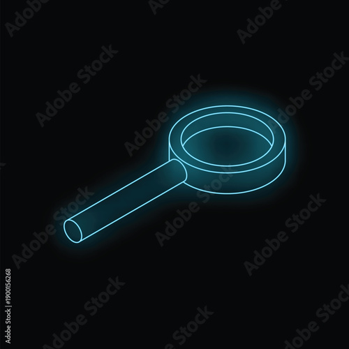 Glowing blue neon magnifying glass on a black background representing the concept of searching