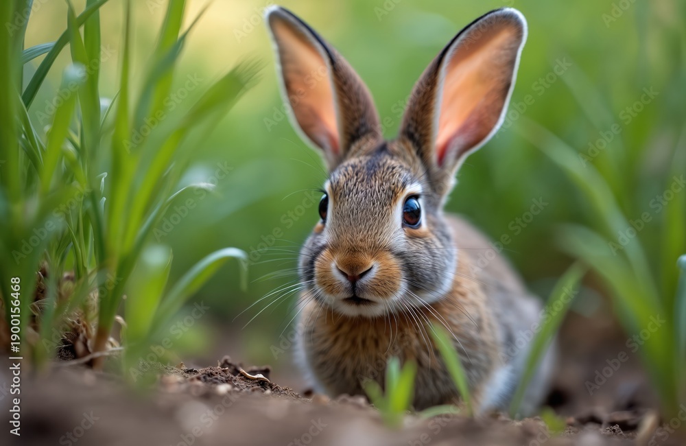 Fototapeta premium Small wild rabbit sits in lush green grass. Cute furry animal has big ears and brown eyes. Baby cottontail nibbles on plants in a sunny field.