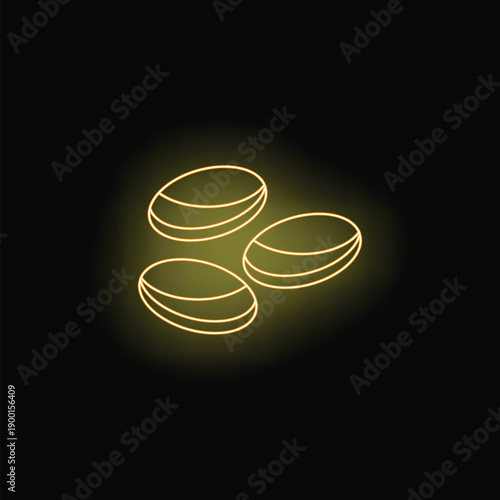 Yellow neon sign depicting three oval medicines glowing on a black background