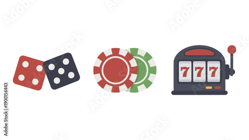 Casino Gambling Icons with Dice, Poker Chip, and Slot Machine