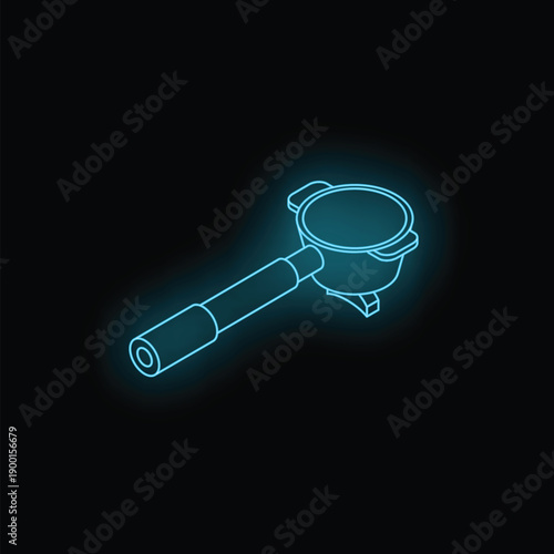 Blue neon glowing portafilter coffee machine part icon illustration on black background