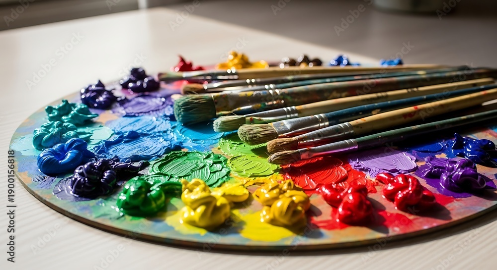 Fototapeta premium Colorful paintbrushes on a vibrant palette