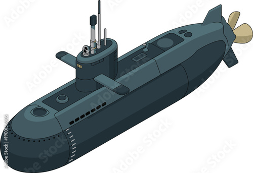 Modern military submarine isometric illustration underwater naval vessel defense technology stealth warfare concept vector design isolated on white background