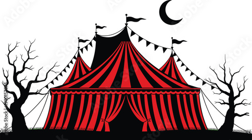 Mysterious, black and white circus tent silhouette illustration at night, with crescent moon, haunted trees, dark fantasy carnival atmosphere background