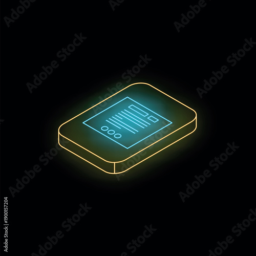 Isometric view of glowing neon tablet displaying electronic document on a dark background, concept of online reading and digital publishing