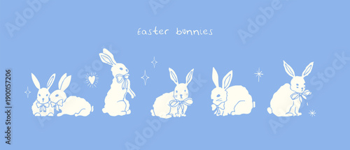 Easter Bunny hand drawn doodle set. Cute coquette naive childish drawings. Easter bunnies.